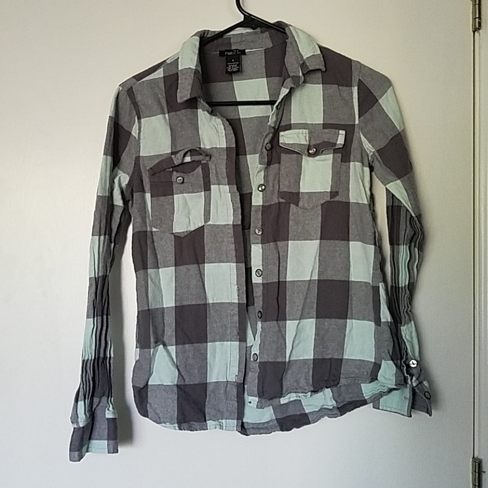 Mint/Gray Button Down Gingham Shirt - Small